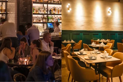 Comparação entre restaurante cheio em horário de pico e restaurante vazio fora do horário de maior movimento, ilustrando a importância de monitorar e se planejar com base nos horários de pico.