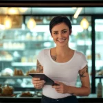 Gestora de restaurante self-service usando tablet para controlar a operação, simbolizando o uso de sistema de gestão como o CNM para aumentar o lucro.