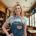 Mulher empreendedora sorrindo com avental em um restaurante pequeno e moderno, representando quem está começando no ramo da alimentação com baixo investimento.