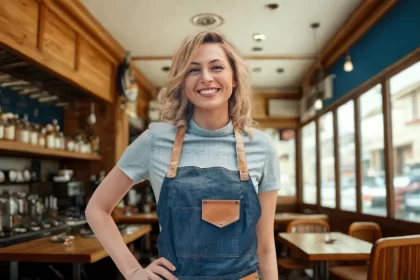 Mulher empreendedora sorrindo com avental em um restaurante pequeno e moderno, representando quem está começando no ramo da alimentação com baixo investimento.