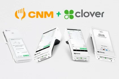 Quatro modelos de maquininhas Clover lado a lado integradas ao sistema CNM, simbolizando a variedade de opções para diferentes perfis de food service: do balcão ao delivery.