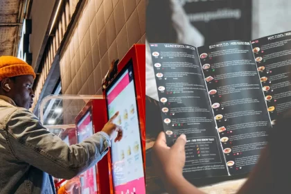 Homem usando totem de autoatendimento digital ao lado de cardápio ilustrado com fotos, destacando opções modernas e interativas.