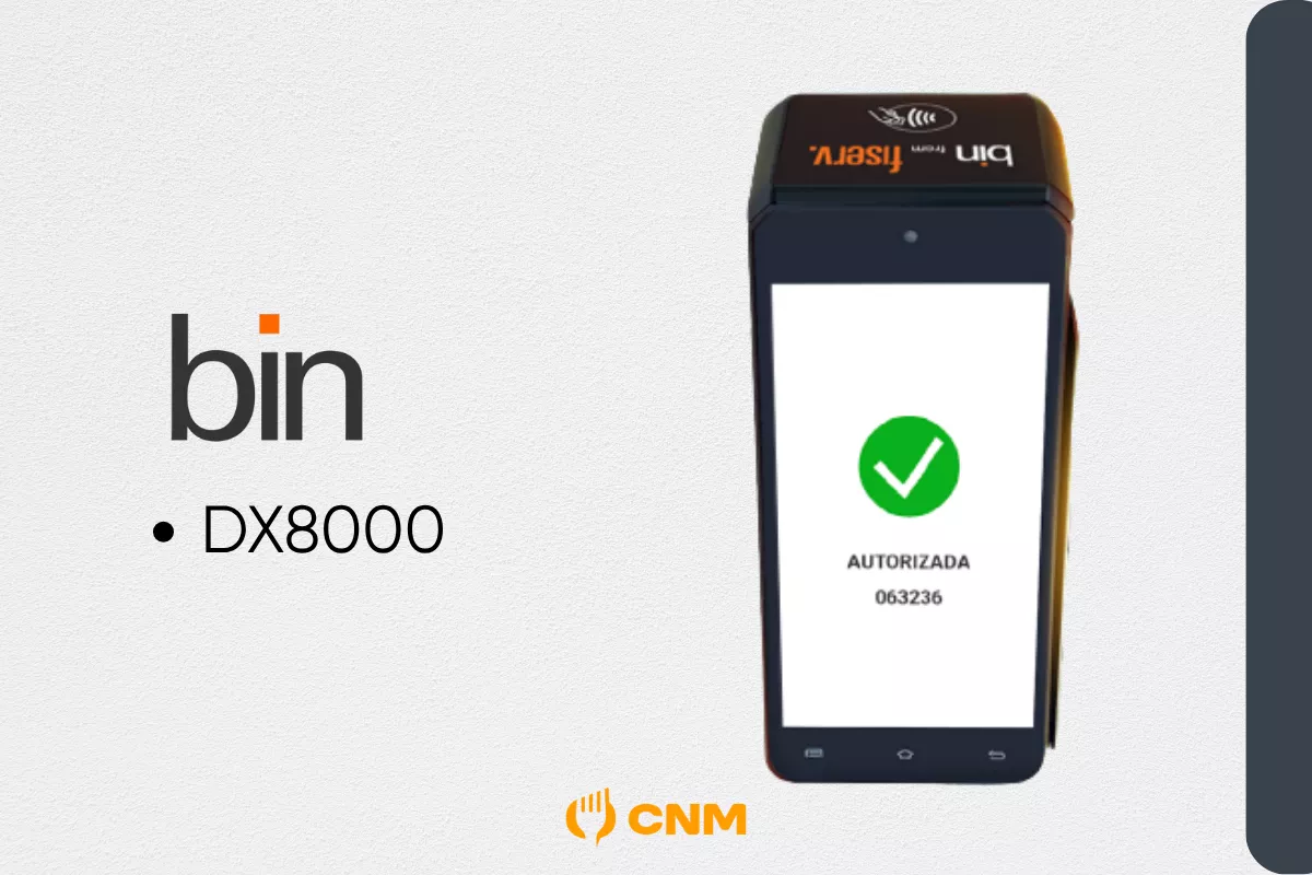 Máquina de cartão preta da marca Bin, modelo DX8000, com tela exibindo um ícone de check verde e texto “AUTORIZADA 063236”. À esquerda, está escrito “DX8000” e abaixo o logotipo do CNM.