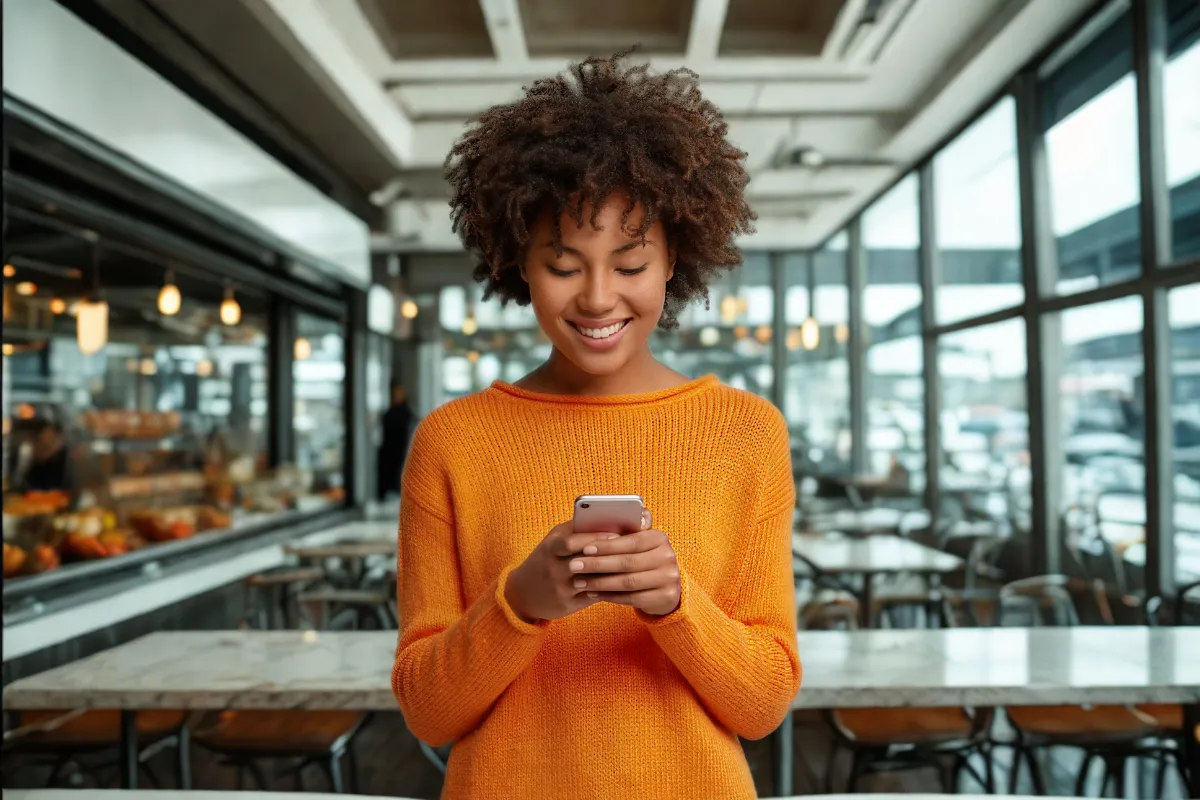 Cliente sorrindo enquanto usa o celular dentro de um restaurante, ilustrando o atendimento automatizado e interativo por chatbot com inteligência artificial no WhatsApp.