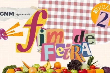 Arte da “Newsletter CNM Fim de Feira – Edição 2” com fundo de toalha xadrez vermelha, colagem de letras coloridas formando o título, megafone roxo à esquerda e frutas, legumes e verduras variadas na parte inferior.