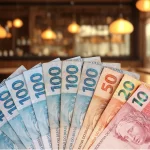 Notas de real organizadas em leque sobre fundo de restaurante, simbolizando o fundo de caixa usado para pequenas despesas operacionais no dia a dia.