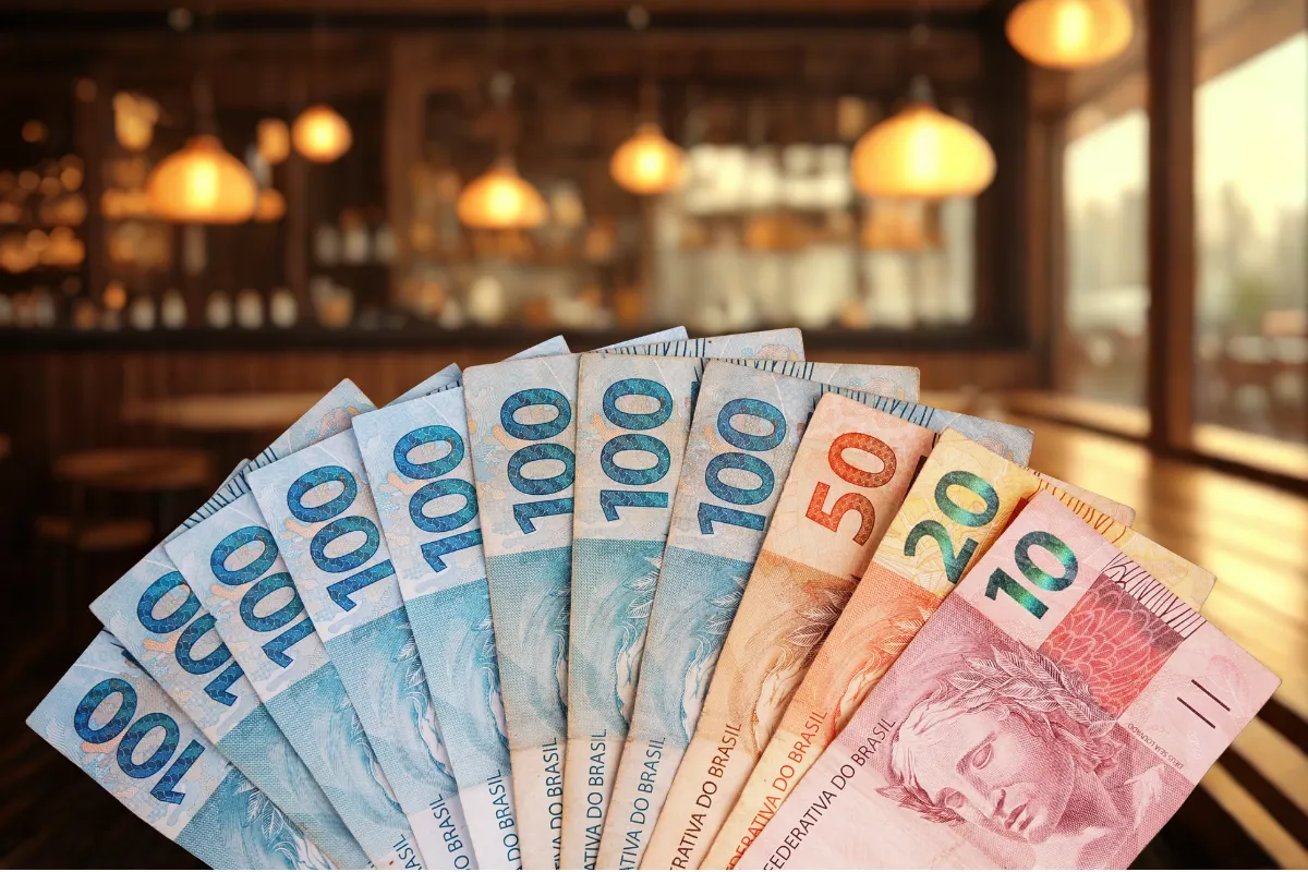 Notas de real organizadas em leque sobre fundo de restaurante, simbolizando o fundo de caixa usado para pequenas despesas operacionais no dia a dia.