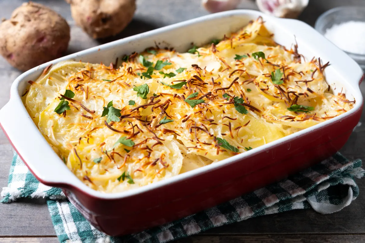Escondidinho de batata gratinada com queijo, servido em travessa de cerâmica, receita versátil para porções individuais ou familiares em datas comemorativas.