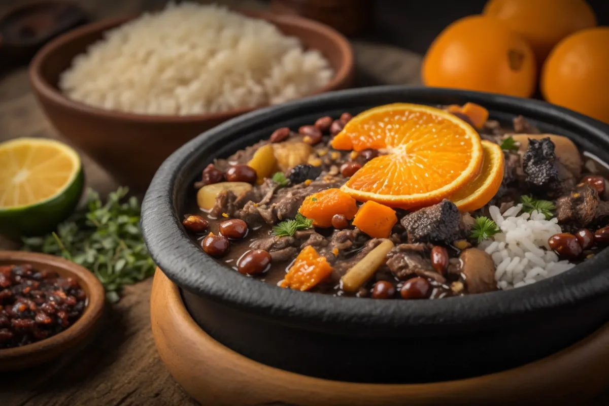 Feijoada completa em panela de barro com arroz branco e rodelas de laranja, excelente opção afetiva e tradicional para menus especiais de Dia dos Pais.