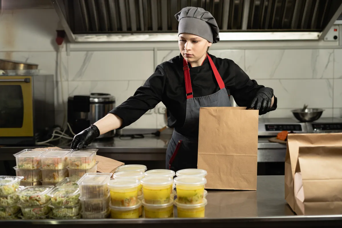 Cozinheira embalando refeições em marmitas e sacolas, representando a gestão de estoque automatizada, com controle preciso de insumos e otimização de processos na cozinha.