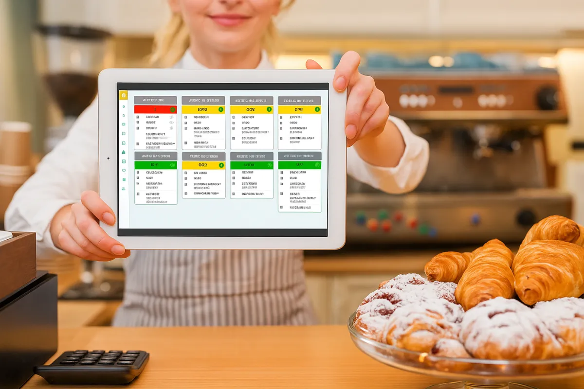 Funcionária de padaria segurando tablet com tela do Kitchen Display System (KDS) exibindo pedidos organizados por cores e status, otimizando a comunicação entre salão e cozinha.