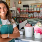 Dona de sorveteria ao lado de potes de sorvete e açaí, mostrando como o melhor sistema para sorveterias ajuda no controle e aumento das vendas.