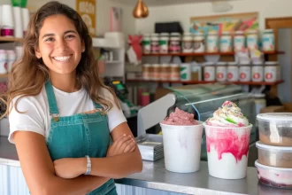 Dona de sorveteria ao lado de potes de sorvete e açaí, mostrando como o melhor sistema para sorveterias ajuda no controle e aumento das vendas.