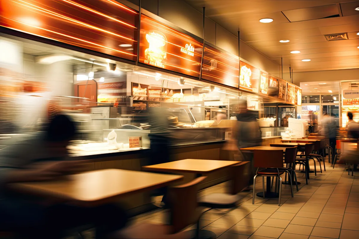 Interior de um restaurante fast food com iluminação quente, atendimento rápido no balcão e ambiente movimentado — ideal para nomes modernos e descolados.