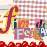 Arte da “Newsletter CNM Fim de Feira – Edição 6” com fundo de toalha xadrez vermelha, colagem de letras coloridas formando o título, megafone roxo à esquerda e fileira de morangos vermelhos na parte inferior.