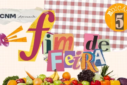 Arte da “Newsletter CNM Fim de Feira – Edição 5” com fundo de toalha xadrez vermelha, colagem de letras coloridas formando o título, megafone roxo à esquerda e frutas, legumes e verduras variadas na parte inferior.