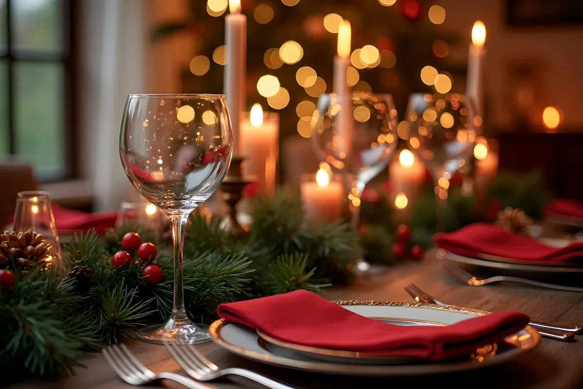 Mesa decorada com taças e velas para jantar temático de Natal, mostrando aproveitamento de datas comemorativas na sazonalidade.