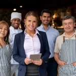 Equipe de restaurante composta por gerente, cozinheiros e atendentes posando para foto, mostrando os cargos essenciais para uma operação equilibrada.