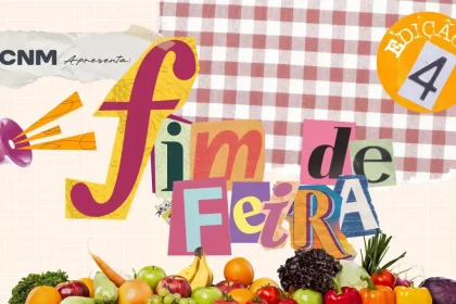 Arte da “Newsletter CNM Fim de Feira – Edição 4” com fundo de toalha xadrez vermelha, colagem de letras coloridas formando o título, megafone roxo à esquerda e frutas, legumes e verduras variadas na parte inferior.