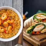 Combo de risoto de camarão e wrap de frango com salada tropical, opções versáteis de comida de primavera para restaurante.