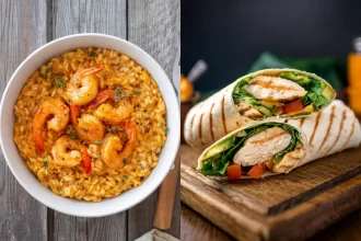 Combo de risoto de camarão e wrap de frango com salada tropical, opções versáteis de comida de primavera para restaurante.