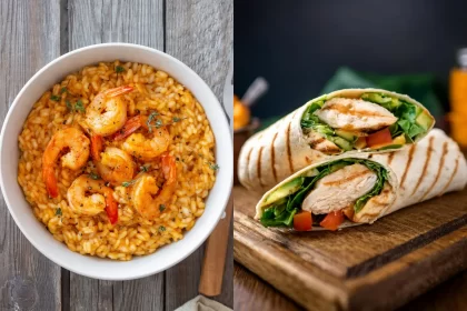Combo de risoto de camarão e wrap de frango com salada tropical, opções versáteis de comida de primavera para restaurante.