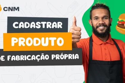 Dono de restaurante com avental preto, ao lado de "Cadastrar produto de fabricação própria" à esquerda