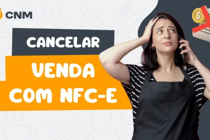 Gestora de restaurante preocupada, falando no telefone, com "Cancelar venda com NFC-e" escrito à esquerda