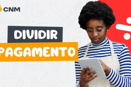 Atendente de cafeteria dividindo um pagamento, com "Dividir pagamento" à esquerda