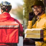 Comparativo delivery próprio ou app de entrega: entregador de aplicativo com mochila vermelha e atendente de restaurante gerenciando pedidos próprios.
