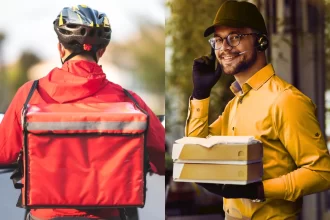 Comparativo delivery próprio ou app de entrega: entregador de aplicativo com mochila vermelha e atendente de restaurante gerenciando pedidos próprios.