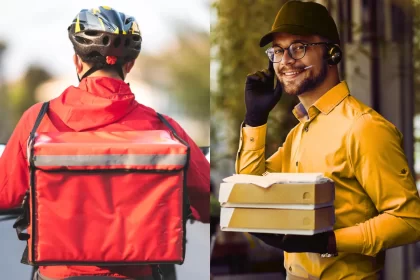Comparativo delivery próprio ou app de entrega: entregador de aplicativo com mochila vermelha e atendente de restaurante gerenciando pedidos próprios.