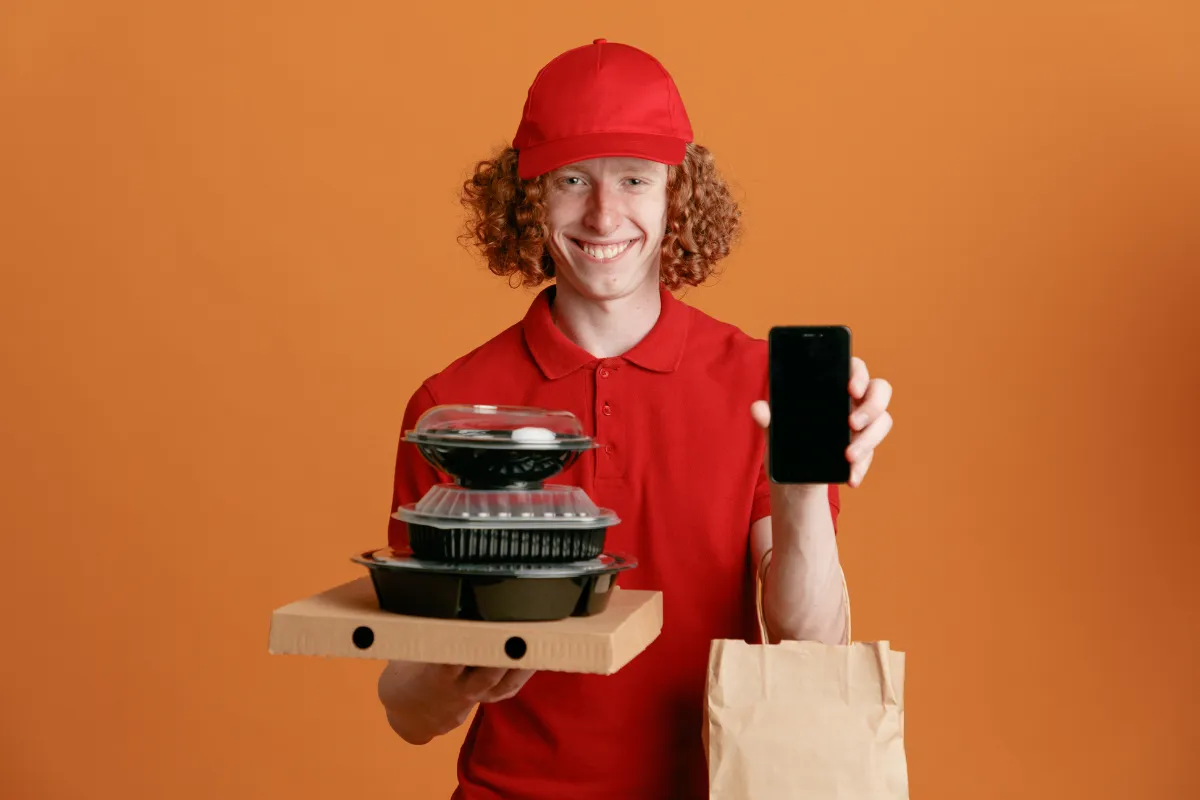 Um entregador de cabelo ruivo, usando uma camiseta vermelha e boné, sorri para a câmera enquanto segura uma caixa de pizza, marmitas e um celular. A imagem ilustra a praticidade do serviço de delivery e retirada para a Black Friday.

