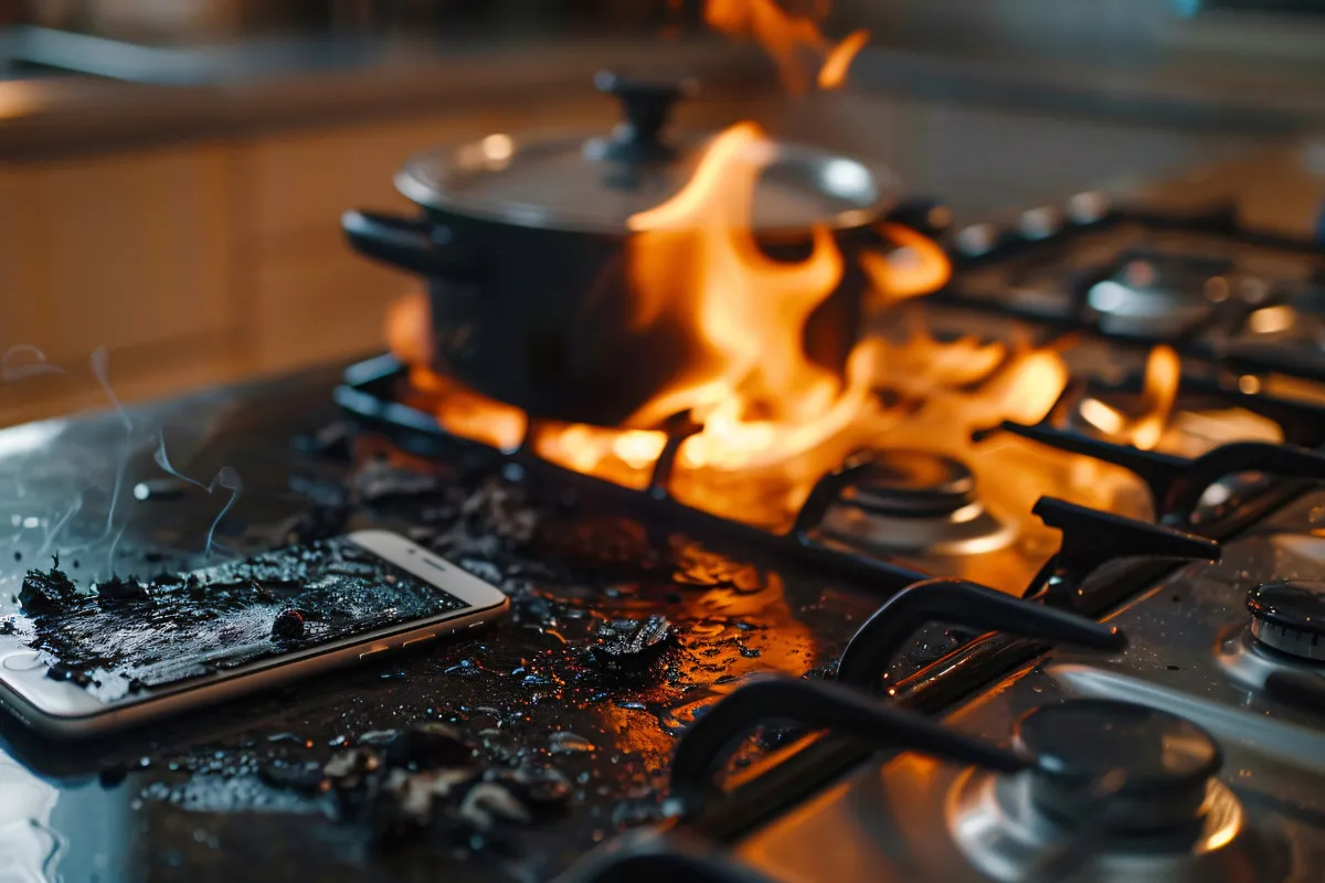 Incêndio em fogão com panela em chamas e celular queimado, simbolizando os riscos de equipamentos mal conservados e sua relação com perdas na cozinha profissional.
