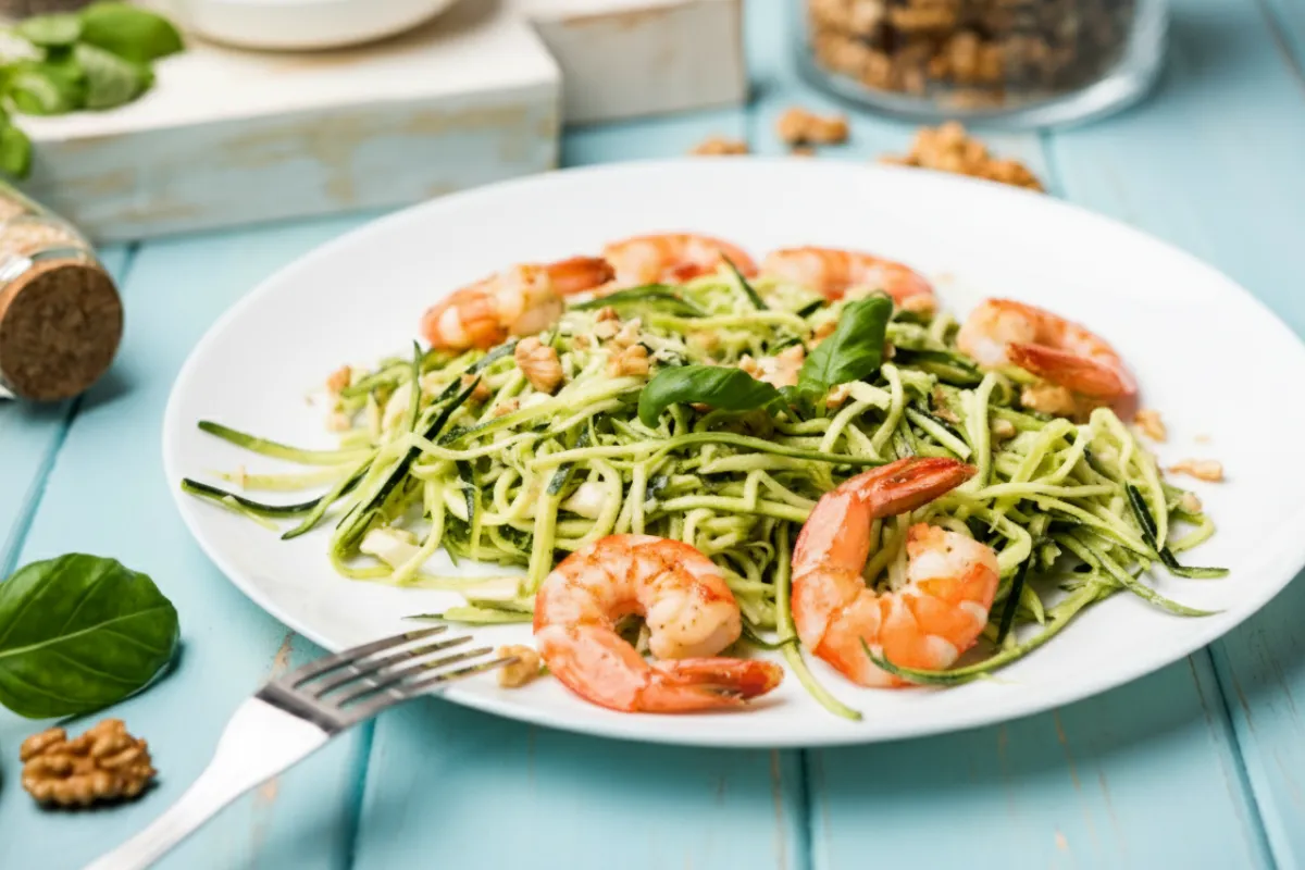 Espaguete de abobrinha com pesto e camarões, um prato low-carb e surpreendente de comida de primavera para restaurante.