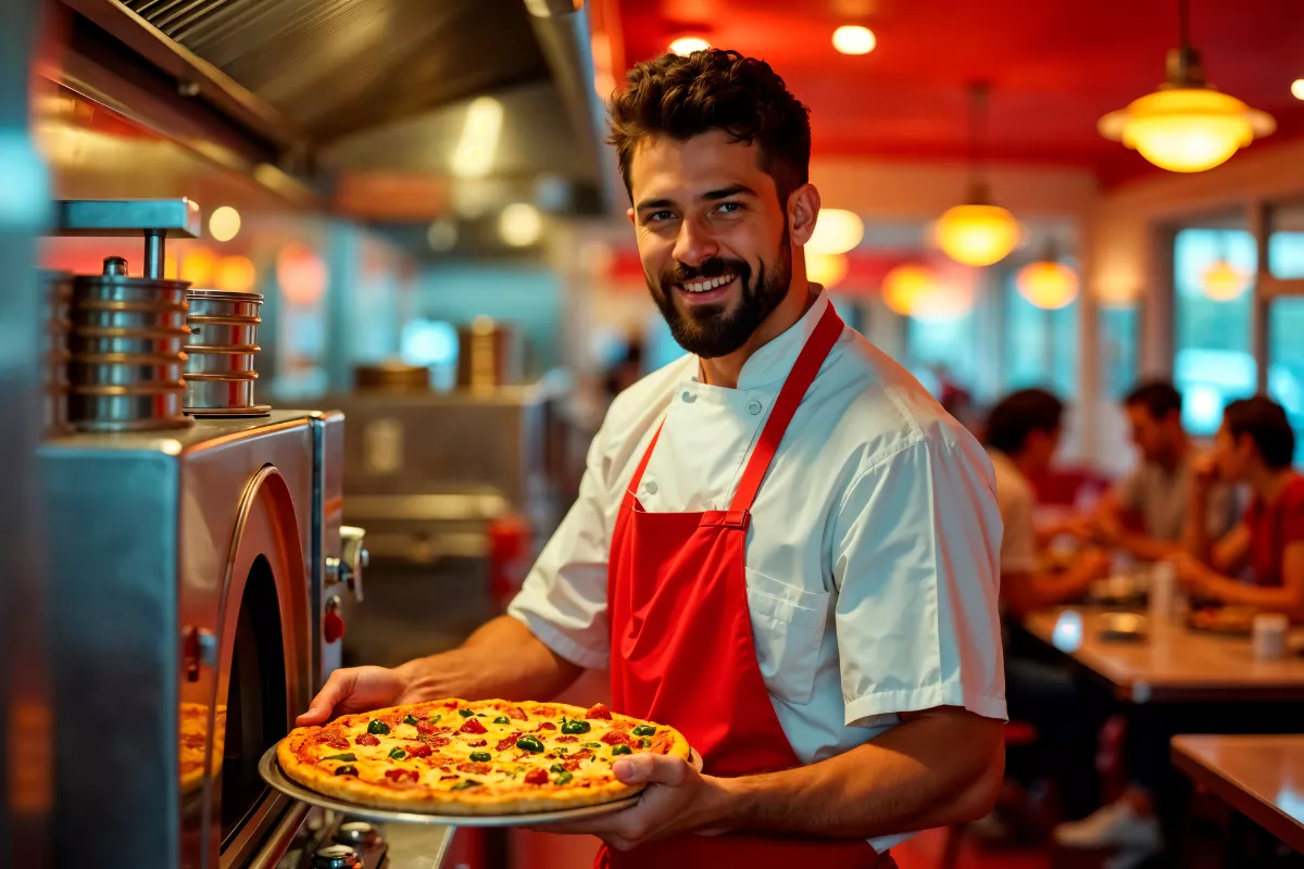 Um pizzaiolo barbudo e sorridente, vestindo avental vermelho e uniforme de chef, segura uma pizza recém-saída do forno, com clientes desfocados ao fundo, ilustrando a entrega da pizza e a satisfação do trabalho.