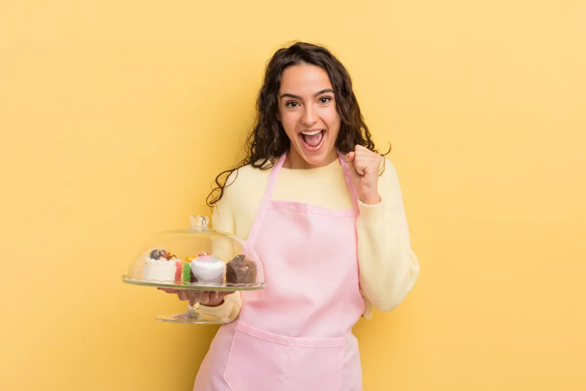 Jovem confeiteira com avental rosa comemora com um prato de doces na mão, ilustrando o sucesso ao entender e melhorar a margem de lucro da doceria.