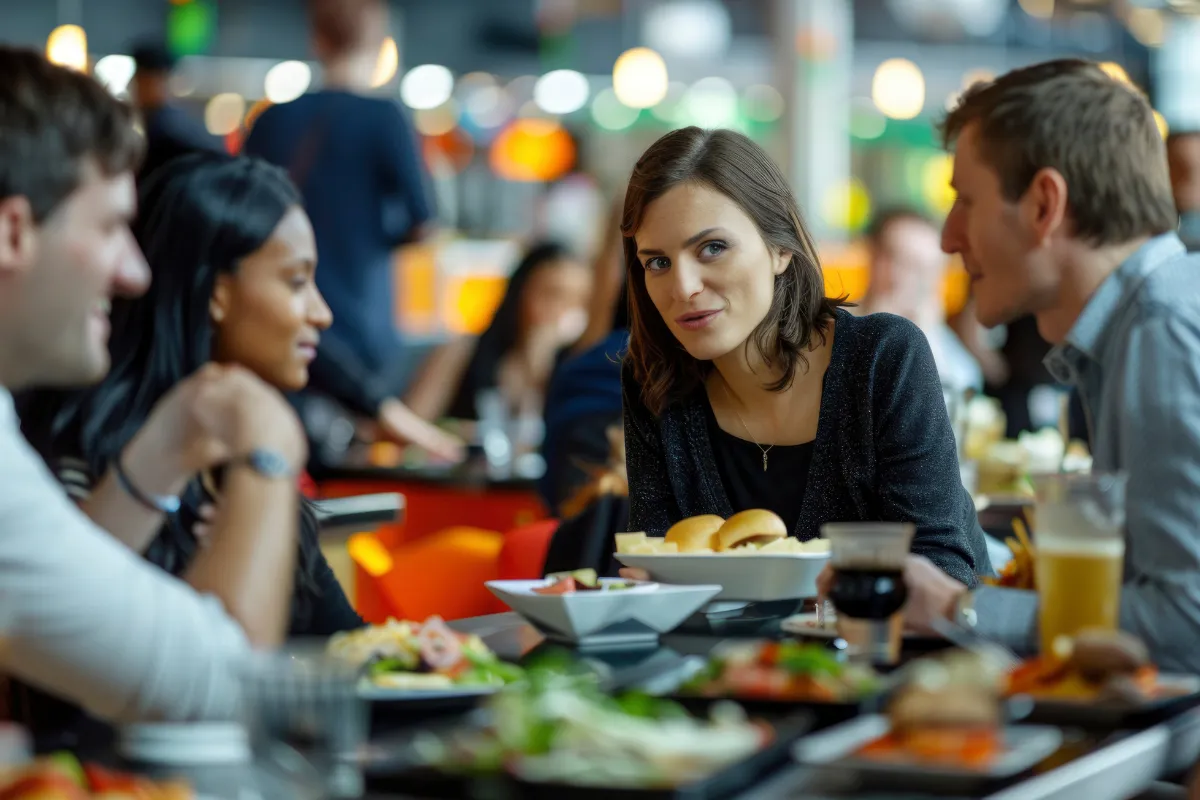 Um grupo de amigos, sorrindo, interage em um restaurante com luzes e ambiente agradável. A imagem ilustra o sucesso de uma estratégia de marketing de Black Friday, atraindo clientes para o estabelecimento.