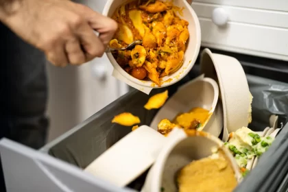 Alimentos sendo descartados no lixo após a refeição, retratando na prática o impacto do desperdício de comida e a necessidade de controle de sobras no food service.