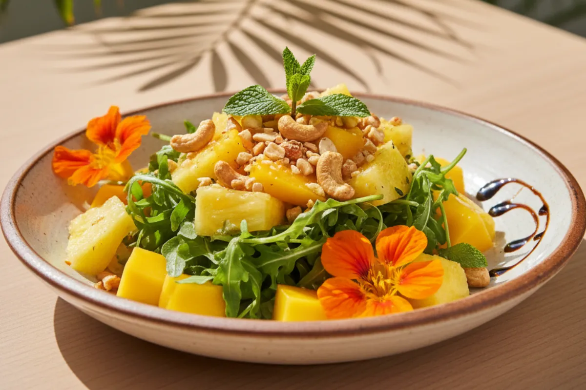 Salada tropical vibrante com manga, abacaxi, rúcula e castanhas, a entrada perfeita de comida de primavera para restaurante.