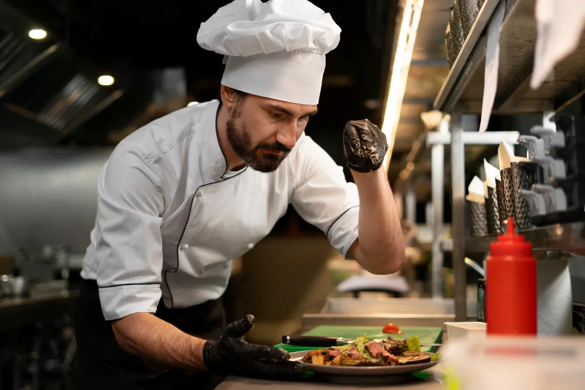 Chef de cozinha finalizando a apresentação de um prato na passadeira, mostrando o cuidado com a qualidade e a liderança na cozinha.