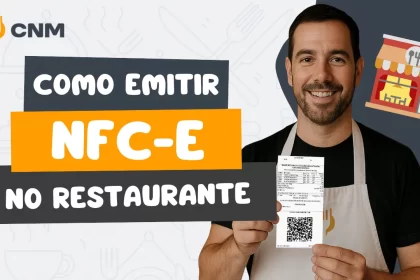 Garçom com nota fiscal na mão, com "como Emitir NFC-e no restaurante" escrito à esquerda