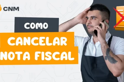 Atendente de restaurante preocupado ao telefone ao lado do título “Como Cancelar Nota Fiscal”, passo a passo do CNM para correção e cancelamento de NF-e no sistema.