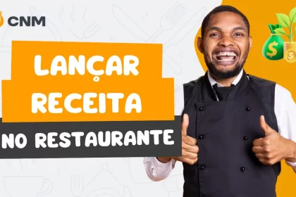 Homem sorrindo com um gesto de polegar para cima, vestido com avental de chef, ao lado de um desenho de uma planta crescendo em moedas, representando o crescimento e o processo de lançar uma receita no financeiro do restaurante com o CNM.