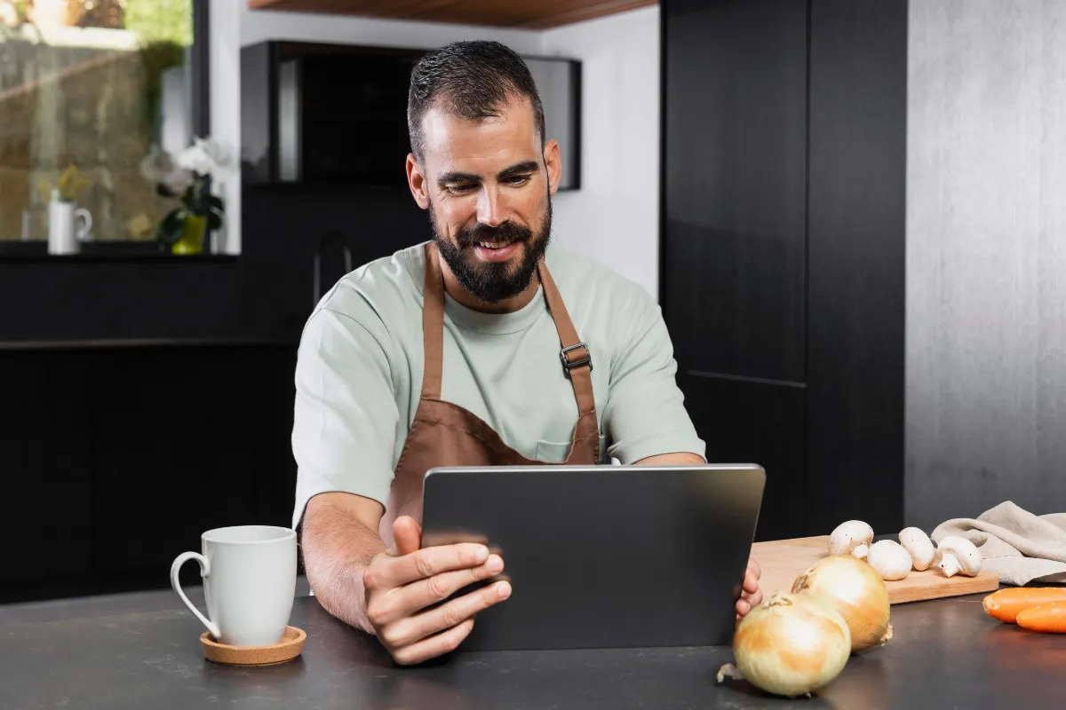 Homem com avental em cozinha moderna analisando pedidos em um tablet, simbolizando o uso do monitor KDS para controlar a produção e gestão do restaurante.