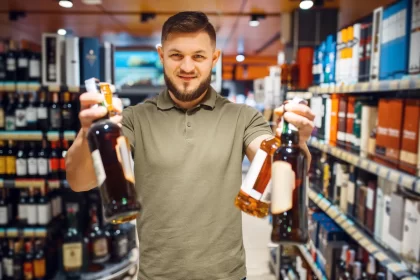 Dono de bar satisfeito em um corredor de bebidas, segurando duas garrafas, o que simboliza a importância da logística de entrega e pontualidade de uma distribuidora para a gestão de estoque.