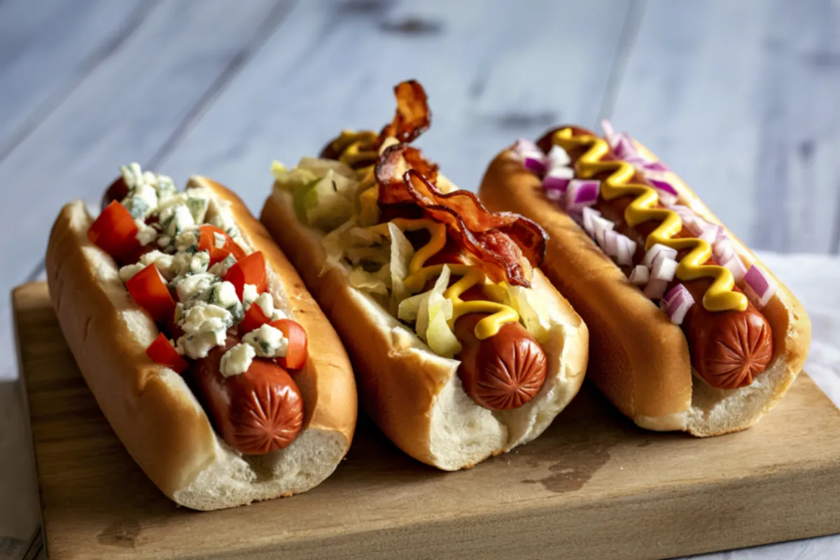 Três hot dogs gourmet com coberturas variadas: queijo azul com tomate, purê com bacon e mostarda com cebola roxa sobre tábua de madeira