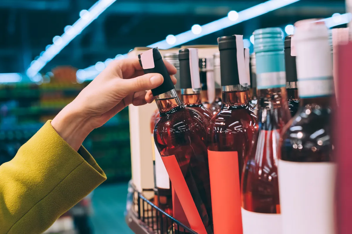 Cliente escolhendo uma garrafa de vinho em uma prateleira, representando a importância de um bom portfólio de bebidas ao escolher uma distribuidora para o bar, com um mix de produtos que atenda a demanda.