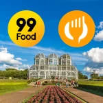 Ilustração com os logos da 99Food e da 99 sobre o Jardim Botânico de Curitiba, simbolizando a chegada da plataforma de delivery à capital paranaense.
