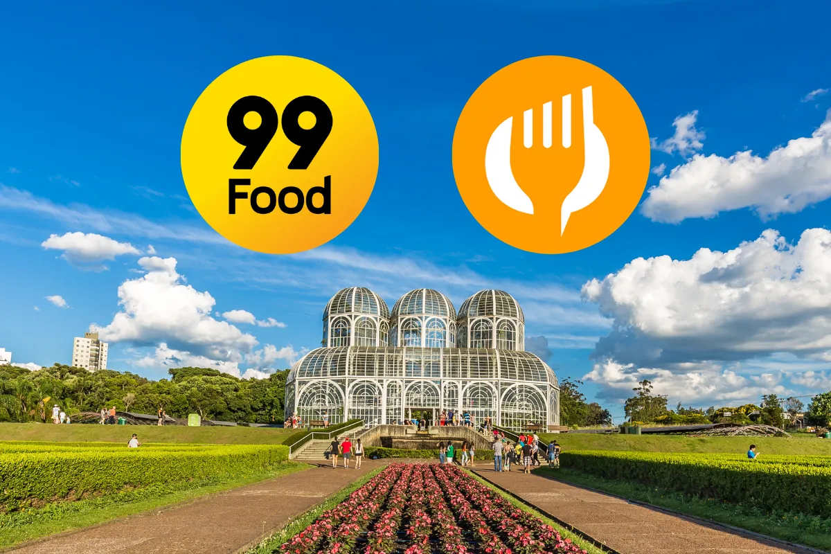 Ilustração com os logos da 99Food e da 99 sobre o Jardim Botânico de Curitiba, simbolizando a chegada da plataforma de delivery à capital paranaense.